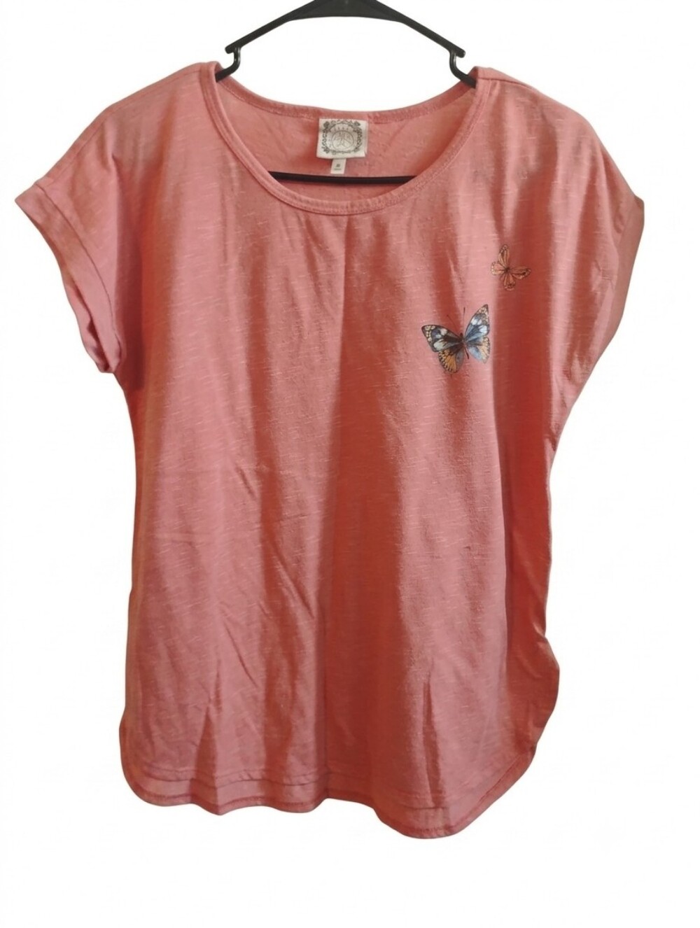 TRUSELF Coral Orange Butterfly Graphic Cuffed Short Sleeve Top, Size Medium